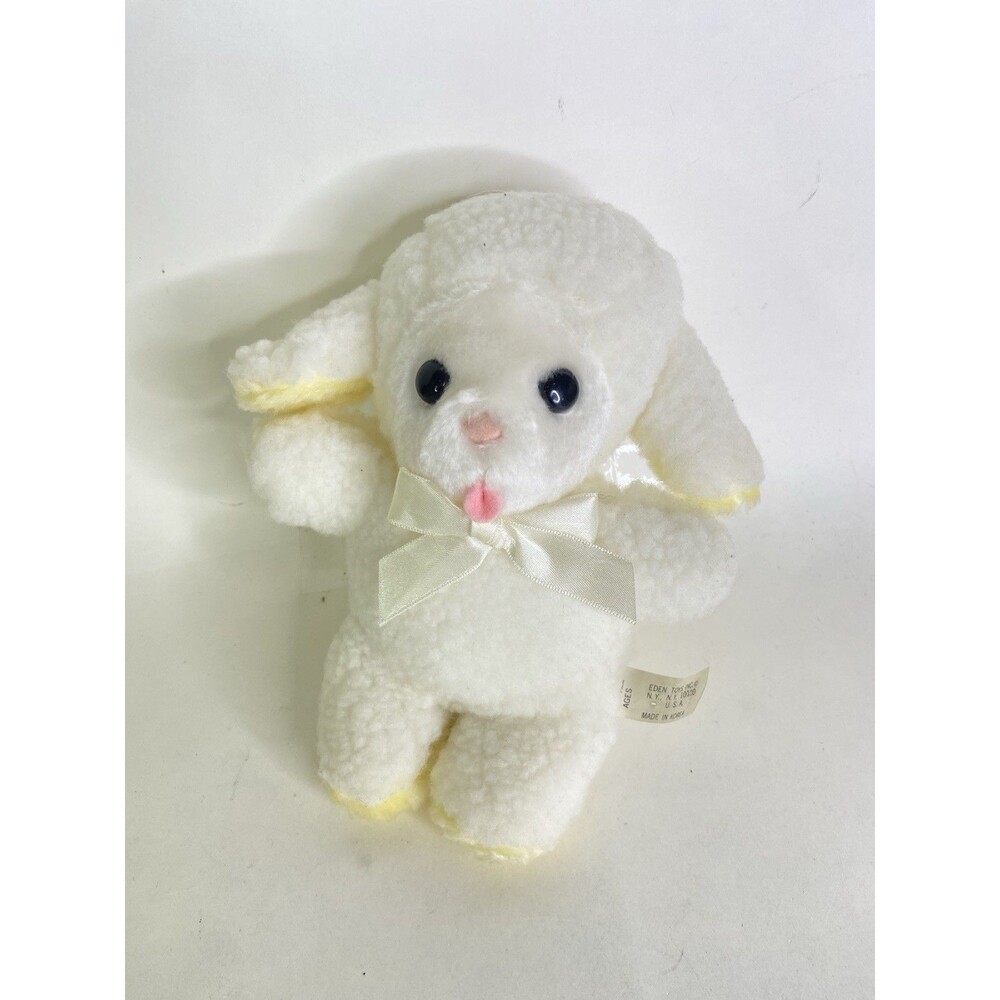 VTG Eden Baby Lamb Sheep Rattle White Cream Yellow Bow Plush Stuffed Animal Toy